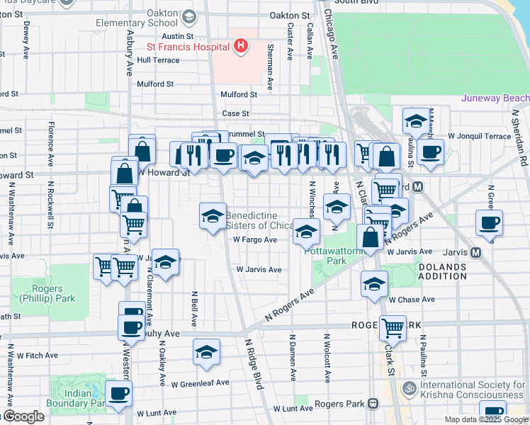 map of restaurants, bars, coffee shops, grocery stores, and more near 2050 West Birchwood Avenue in Chicago