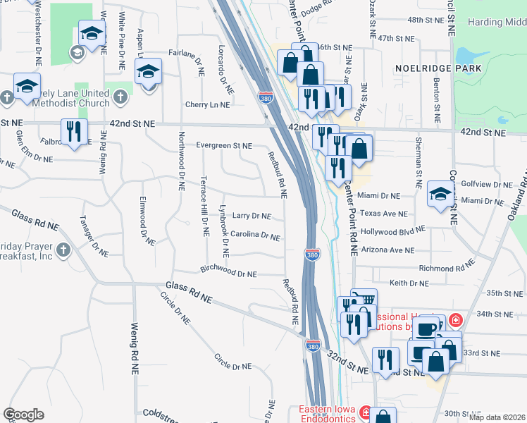 map of restaurants, bars, coffee shops, grocery stores, and more near 2059 Brookland Dr NE in Cedar Rapids