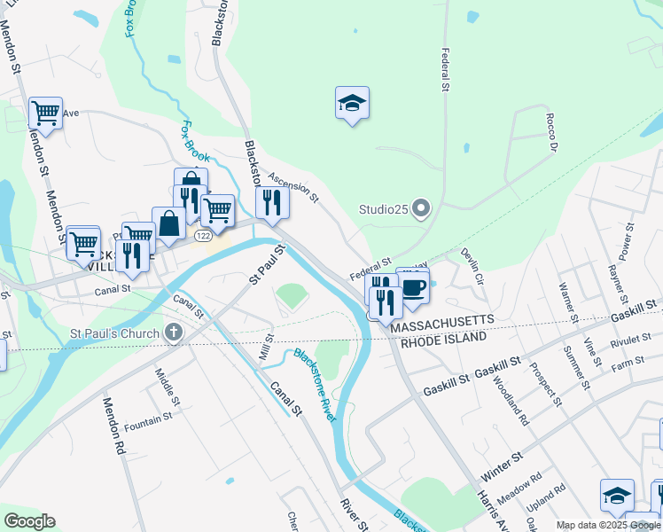 map of restaurants, bars, coffee shops, grocery stores, and more near 30 Main Street in Blackstone