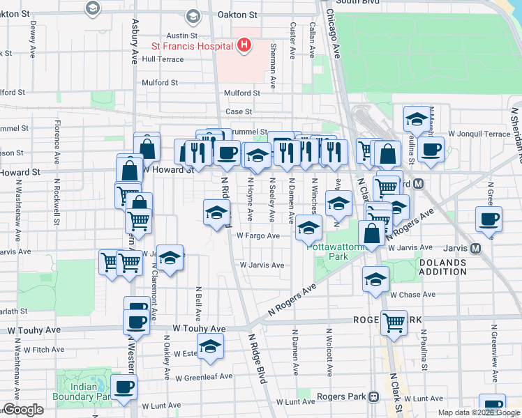 map of restaurants, bars, coffee shops, grocery stores, and more near 2050 West Birchwood Avenue in Chicago