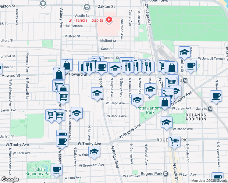 map of restaurants, bars, coffee shops, grocery stores, and more near 2050 West Birchwood Avenue in Chicago