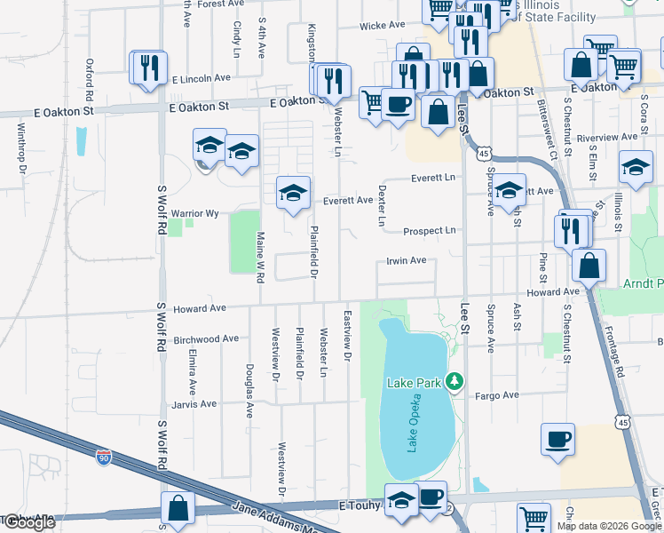 map of restaurants, bars, coffee shops, grocery stores, and more near 1915 Plainfield Drive in Des Plaines