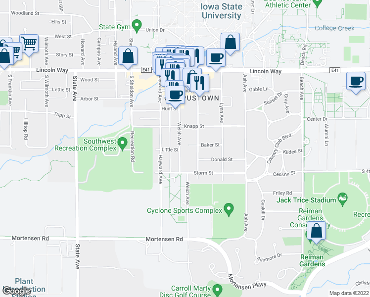 map of restaurants, bars, coffee shops, grocery stores, and more near 432 Welch Avenue in Ames