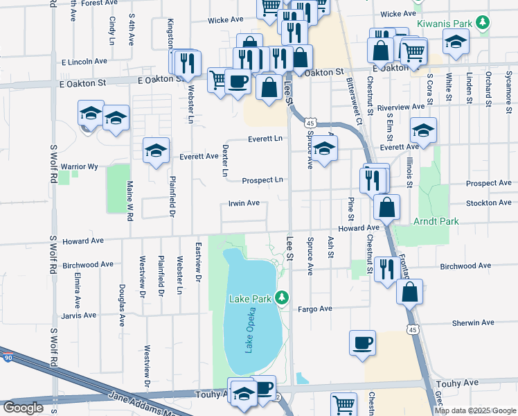 map of restaurants, bars, coffee shops, grocery stores, and more near 1074 Irwin Avenue in Des Plaines