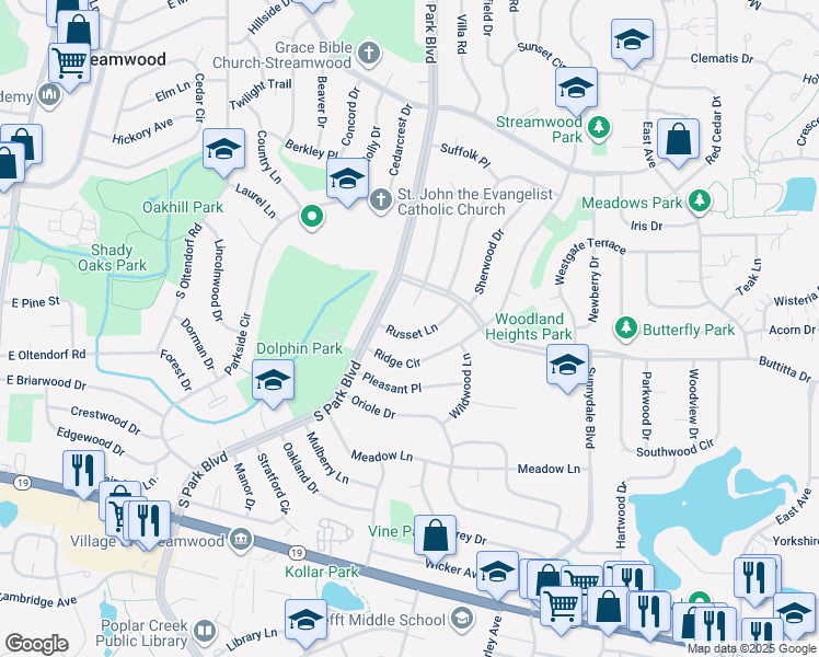 map of restaurants, bars, coffee shops, grocery stores, and more near 708 Russet Lane in Streamwood