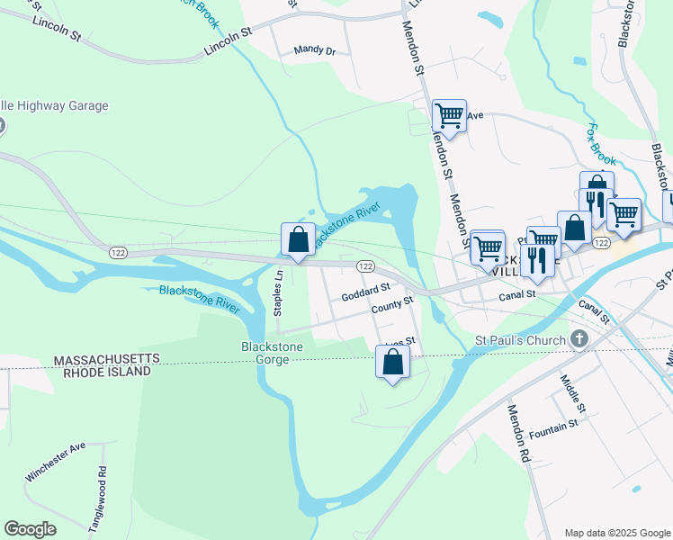 map of restaurants, bars, coffee shops, grocery stores, and more near 259 Main Street in Blackstone