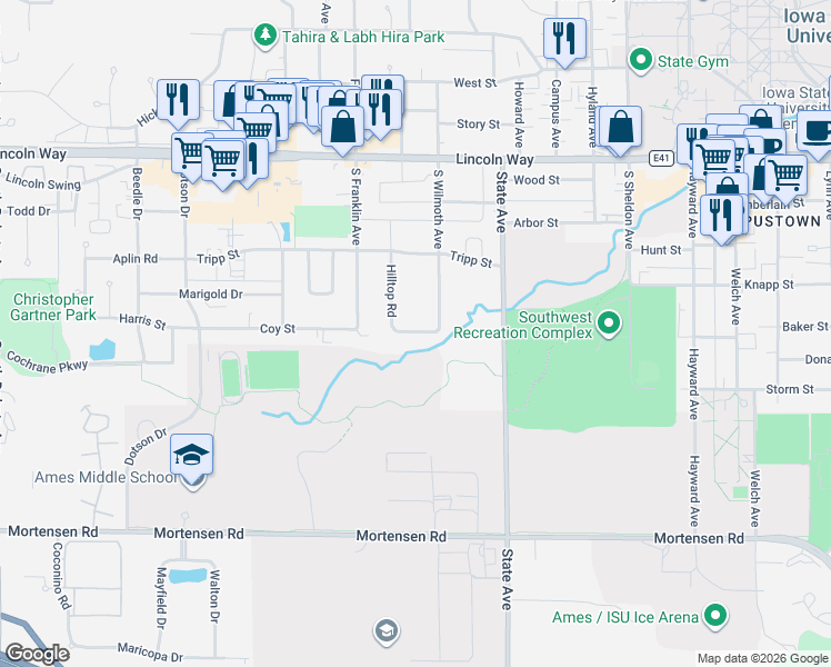 map of restaurants, bars, coffee shops, grocery stores, and more near 432 Hilltop Road in Ames