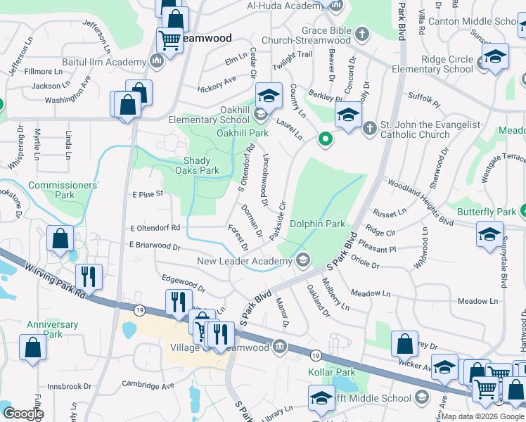 map of restaurants, bars, coffee shops, grocery stores, and more near 714 Lincolnwood Drive in Streamwood