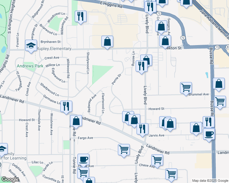 map of restaurants, bars, coffee shops, grocery stores, and more near 615 Perrie Drive in Elk Grove Village