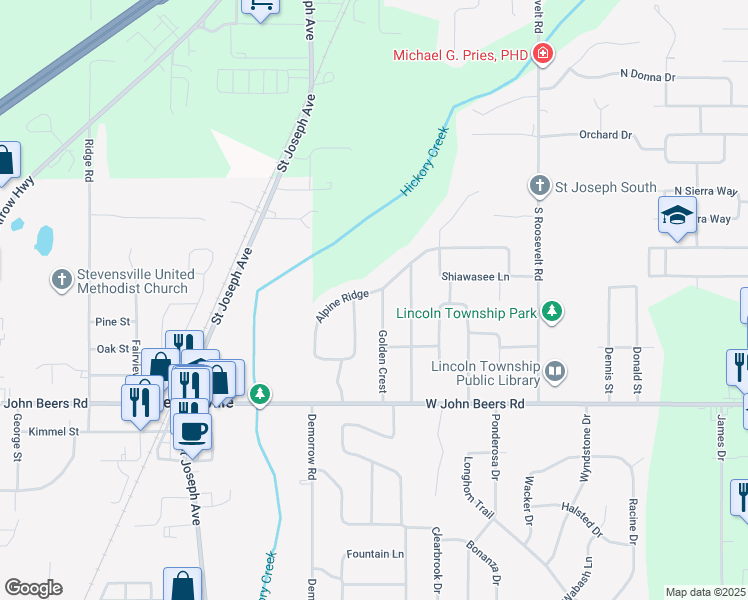 map of restaurants, bars, coffee shops, grocery stores, and more near 5485 Alpine Ridge in Stevensville