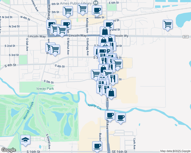 map of restaurants, bars, coffee shops, grocery stores, and more near 201 South 5th Street in Ames