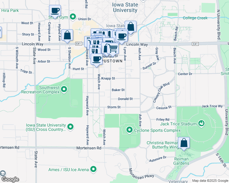 map of restaurants, bars, coffee shops, grocery stores, and more near 2332 Baker Street in Ames