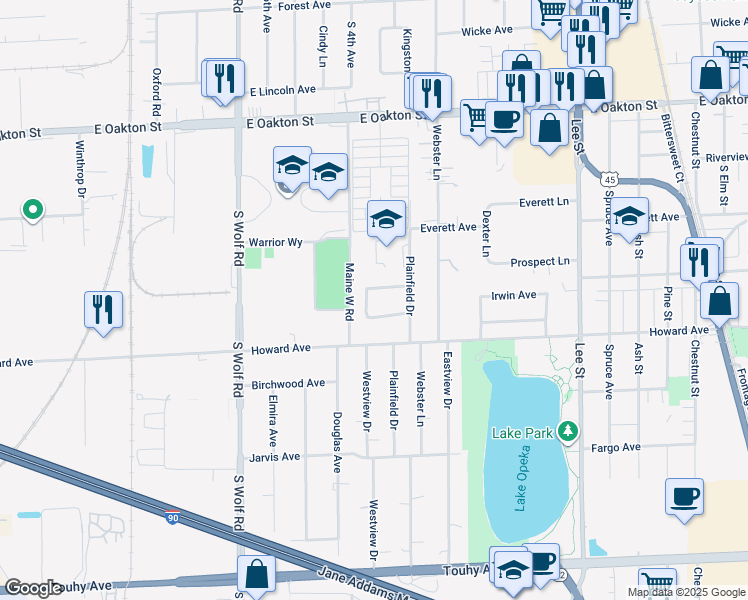 map of restaurants, bars, coffee shops, grocery stores, and more near 815 Nebel Lane in Des Plaines