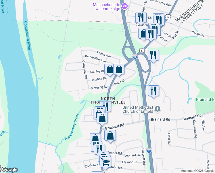 map of restaurants, bars, coffee shops, grocery stores, and more near 290 Enfield Street in Enfield
