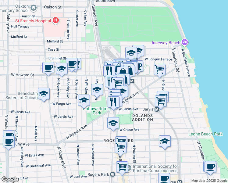map of restaurants, bars, coffee shops, grocery stores, and more near 7459 North Clark Street in Chicago