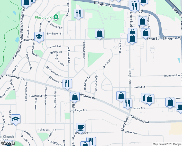 map of restaurants, bars, coffee shops, grocery stores, and more near 228 Redwood Avenue in Elk Grove Village
