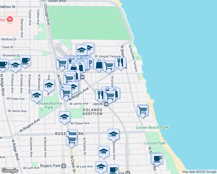 map of restaurants, bars, coffee shops, grocery stores, and more near 1511 West Birchwood Avenue in Chicago