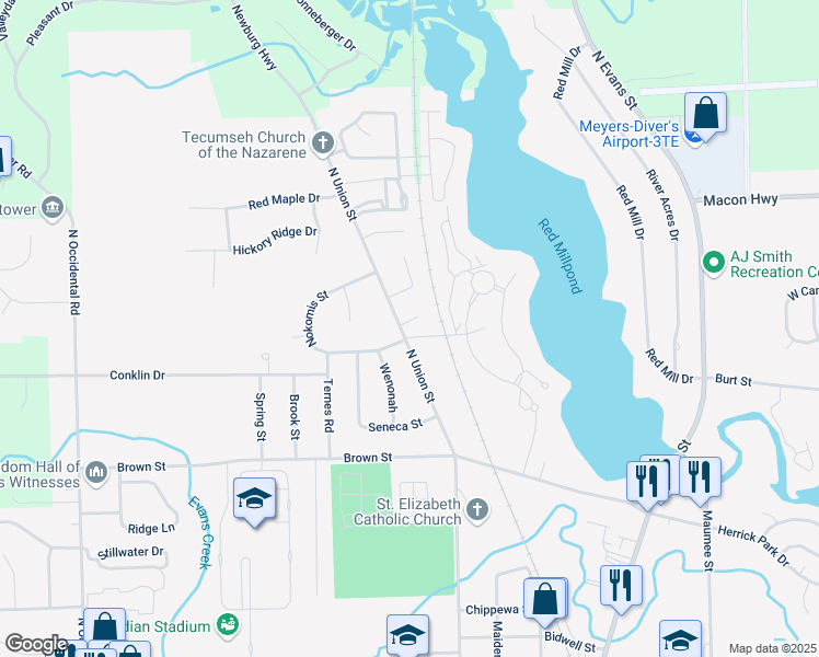 map of restaurants, bars, coffee shops, grocery stores, and more near 306 Miami Court in Tecumseh