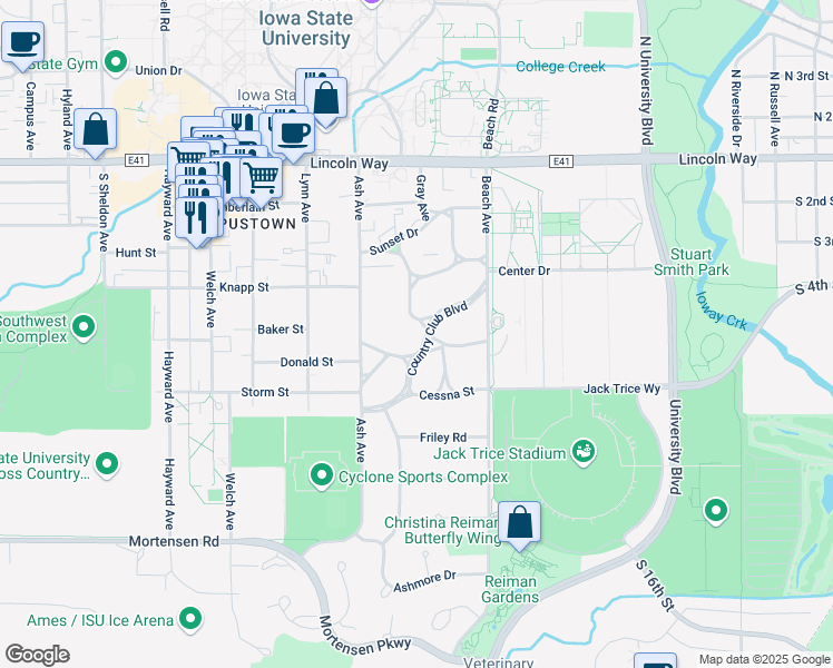 map of restaurants, bars, coffee shops, grocery stores, and more near 2103 Country Club Boulevard in Ames
