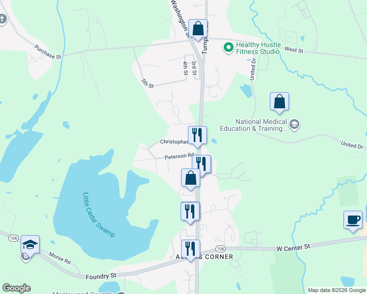 map of restaurants, bars, coffee shops, grocery stores, and more near 6 Christopher Drive in Easton