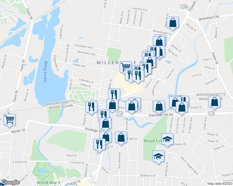 map of restaurants, bars, coffee shops, grocery stores, and more near 30 Richmond Street in Blackstone