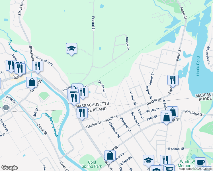 map of restaurants, bars, coffee shops, grocery stores, and more near 9 Devlin Circle in Blackstone