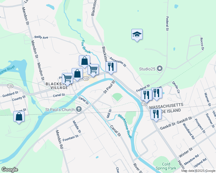 map of restaurants, bars, coffee shops, grocery stores, and more near 2 Saint Paul Street in Blackstone