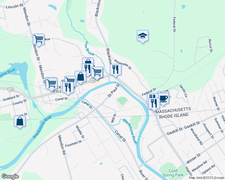 map of restaurants, bars, coffee shops, grocery stores, and more near 8 Saint Paul Street in Blackstone
