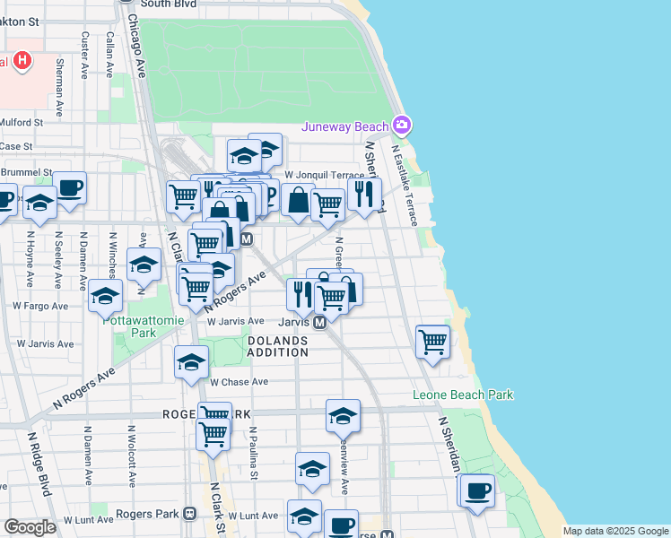 map of restaurants, bars, coffee shops, grocery stores, and more near 1506 West Fargo Avenue in Chicago