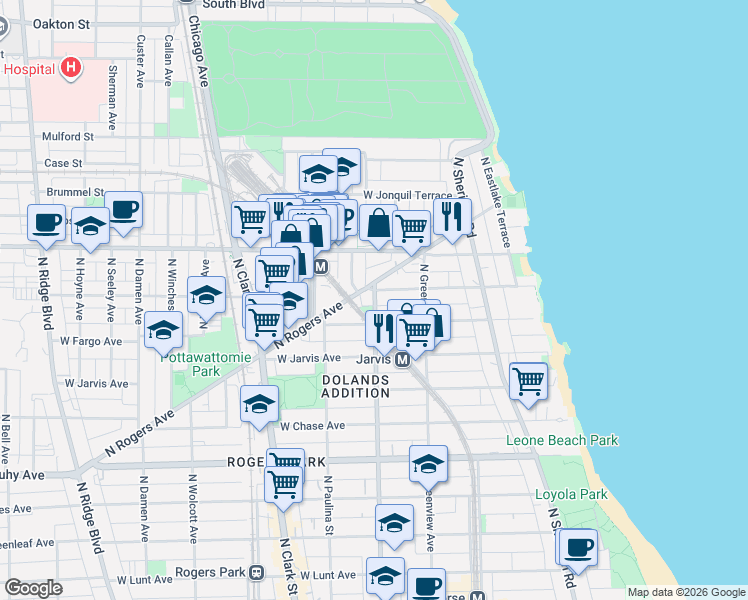 map of restaurants, bars, coffee shops, grocery stores, and more near 1567 West Birchwood Avenue in Chicago