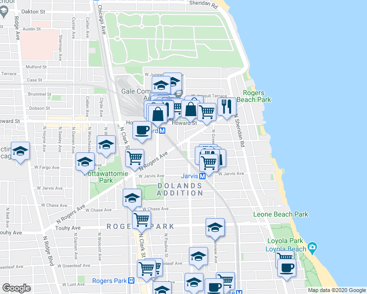 map of restaurants, bars, coffee shops, grocery stores, and more near 1567 West Birchwood Avenue in Chicago