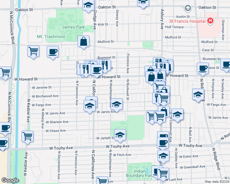 map of restaurants, bars, coffee shops, grocery stores, and more near 2626 West Birchwood Avenue in Chicago