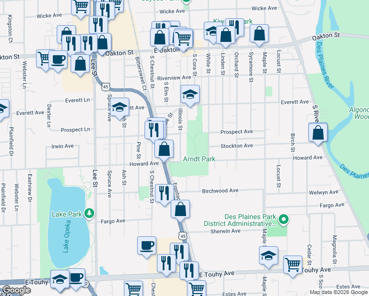 map of restaurants, bars, coffee shops, grocery stores, and more near 1935 Illinois Street in Des Plaines