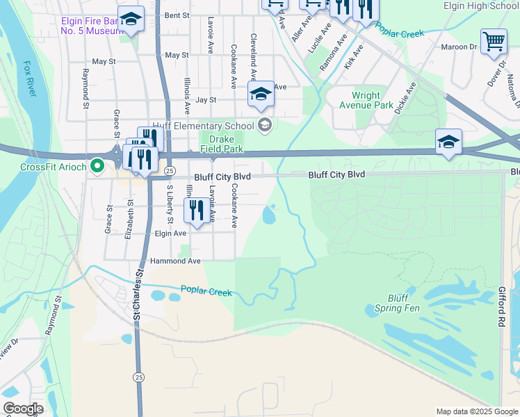 map of restaurants, bars, coffee shops, grocery stores, and more near 767 Dixon Avenue in Elgin