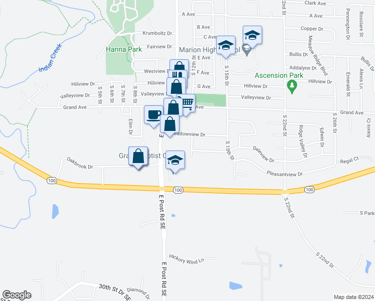 map of restaurants, bars, coffee shops, grocery stores, and more near 1190 South 12th Street in Marion
