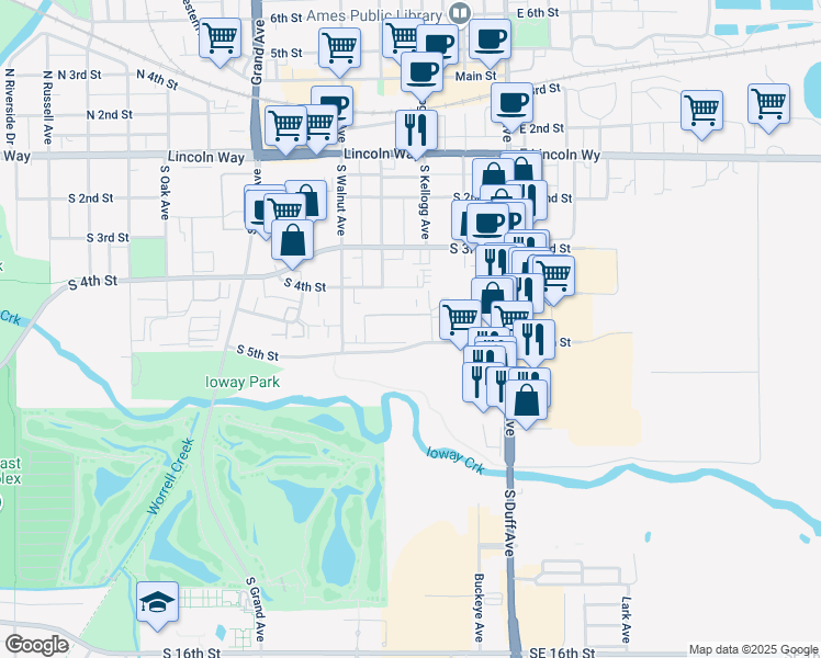 map of restaurants, bars, coffee shops, grocery stores, and more near 213 South 5th Street in Ames