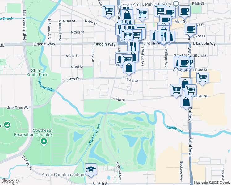map of restaurants, bars, coffee shops, grocery stores, and more near 644 Squaw Creek Drive in Ames