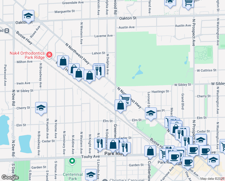 map of restaurants, bars, coffee shops, grocery stores, and more near 510 North Greenwood Avenue in Park Ridge