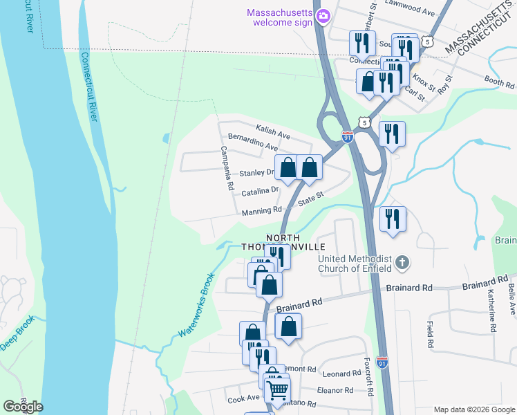 map of restaurants, bars, coffee shops, grocery stores, and more near 6 Manning Road in Enfield