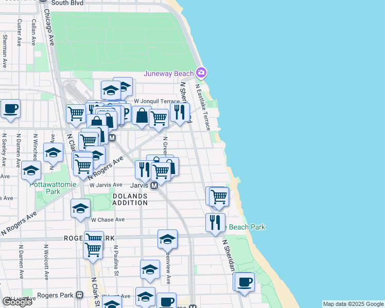 map of restaurants, bars, coffee shops, grocery stores, and more near 7464 North Sheridan Road in Chicago