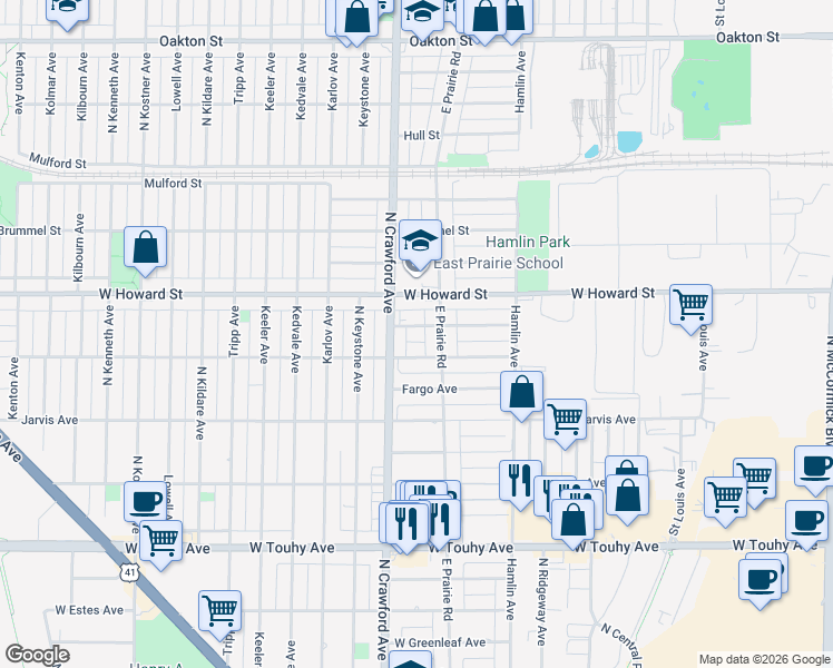 map of restaurants, bars, coffee shops, grocery stores, and more near 3923 Jerome Street North in Skokie