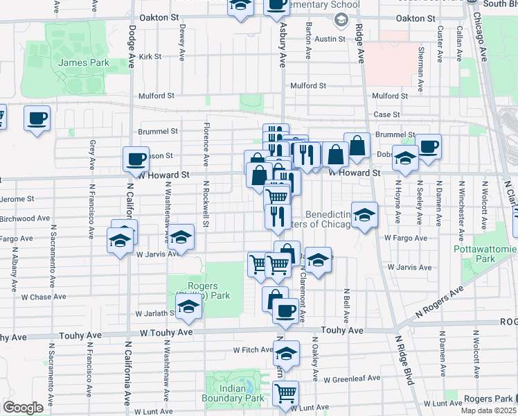 map of restaurants, bars, coffee shops, grocery stores, and more near 7530 North Western Avenue in Chicago