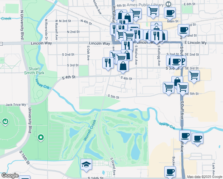 map of restaurants, bars, coffee shops, grocery stores, and more near 644 Squaw Creek Drive in Ames