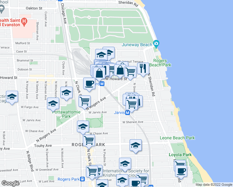 map of restaurants, bars, coffee shops, grocery stores, and more near 1567 West Birchwood Avenue in Chicago