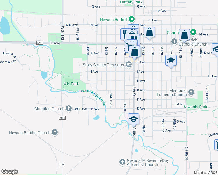 map of restaurants, bars, coffee shops, grocery stores, and more near 323 G Avenue in Nevada
