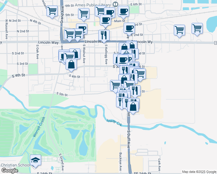 map of restaurants, bars, coffee shops, grocery stores, and more near 213 S 5th St in Ames