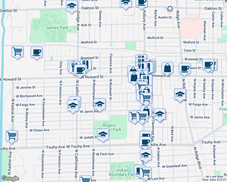 map of restaurants, bars, coffee shops, grocery stores, and more near 2544 West Birchwood Avenue in Chicago