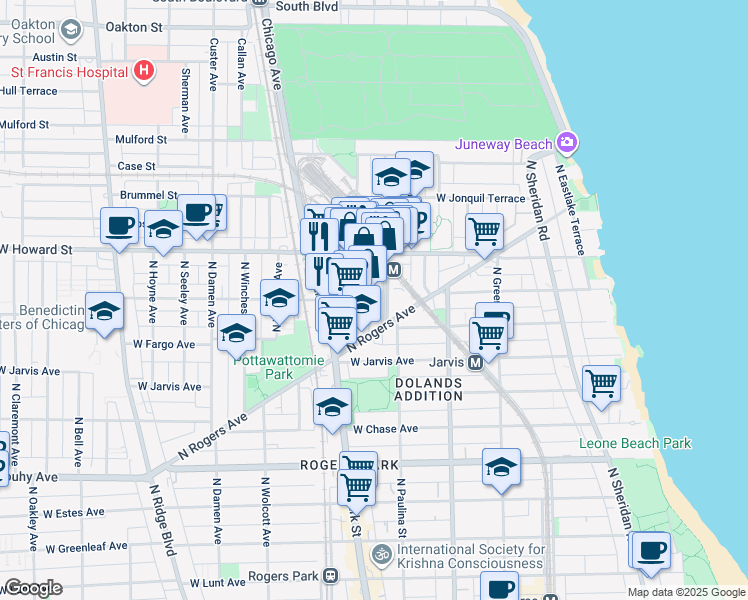map of restaurants, bars, coffee shops, grocery stores, and more near 7505 North Clark Street in Chicago