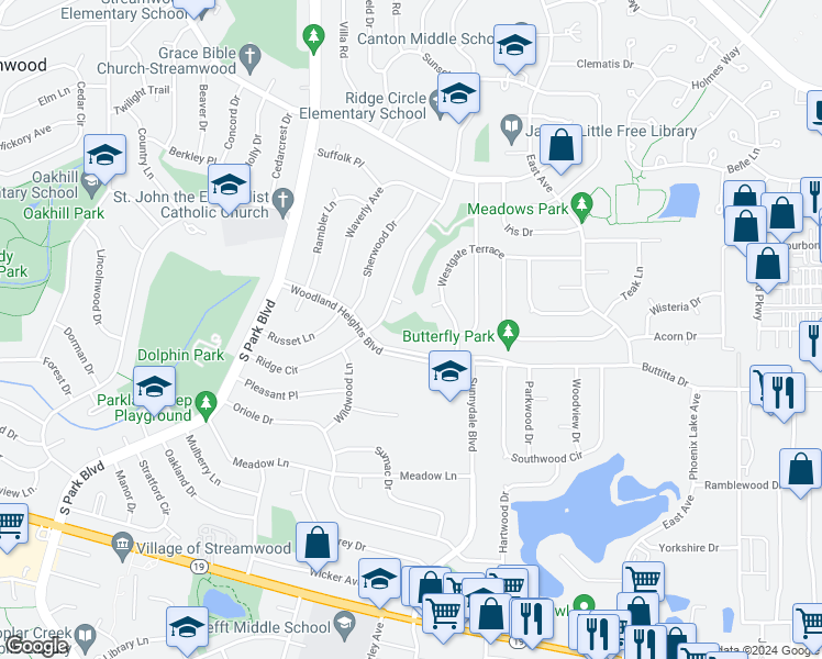 map of restaurants, bars, coffee shops, grocery stores, and more near 175 Ridge Circle in Streamwood