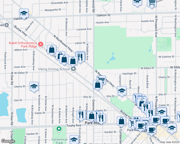 map of restaurants, bars, coffee shops, grocery stores, and more near 510 North Greenwood Avenue in Park Ridge